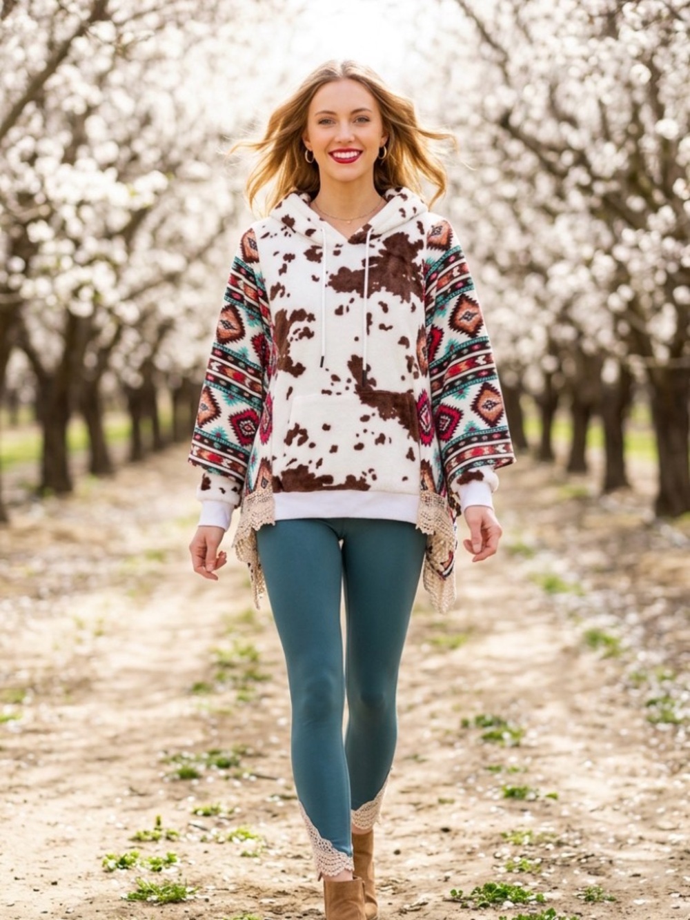 Cow Print Hoodie Poncho with Aztec Sleeves, Brown & Turquoise free size S-3x